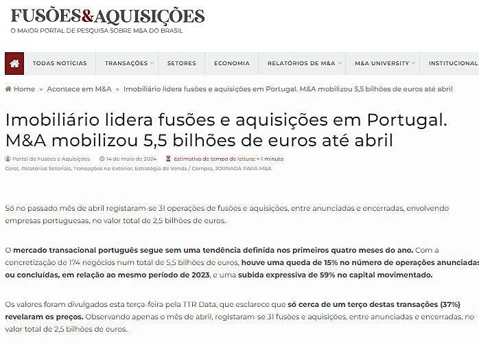 Imobilirio lidera fuses e aquisies em Portugal. M&A mobilizou 5,5 bilhes de euros at abril